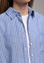 thumb-Boyfriend Fit Shirt Neck Çizgili Kadın Mavi Uzun Kol Gömlek