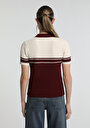 thumb-Slim Fit Polo Yaka Çizgili Kadın Bordo Kısa Kol Kazak