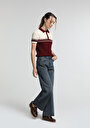 thumb-Slim Fit Polo Yaka Çizgili Kadın Bordo Kısa Kol Kazak