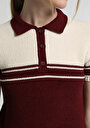 thumb-Slim Fit Polo Yaka Çizgili Kadın Bordo Kısa Kol Kazak