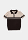 thumb-Slim Fit Polo Yaka Çizgili Kadın Kahverengi Kısa Kol Kazak