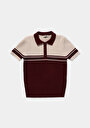 thumb-Slim Fit Polo Yaka Çizgili Kadın Bordo Kısa Kol Kazak