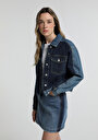 thumb-Oversize Fit Düğmeli Astarsız  Kadın Dark İndigo Denim Ceket