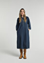 thumb-Oversize Fit Düz Kadın Dark İndigo Denim ¾ Kol Elbise