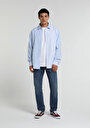 thumb-Regular Fit Shirt Neck Çizgili Erkek Mavi Uzun Kol Gömlek
